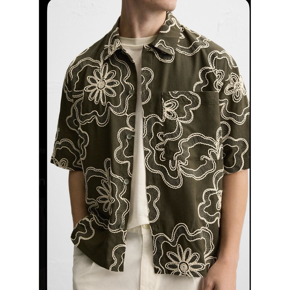 Zara Button Up Shirt Men's Small Boxy Relaxed Textured Floral Linen Blend Beach